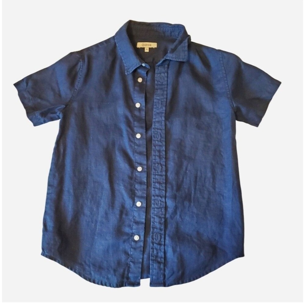 Quince Linen Boys Button Up Collared Shirt Size 10 Short Sleeve Navy Minimal